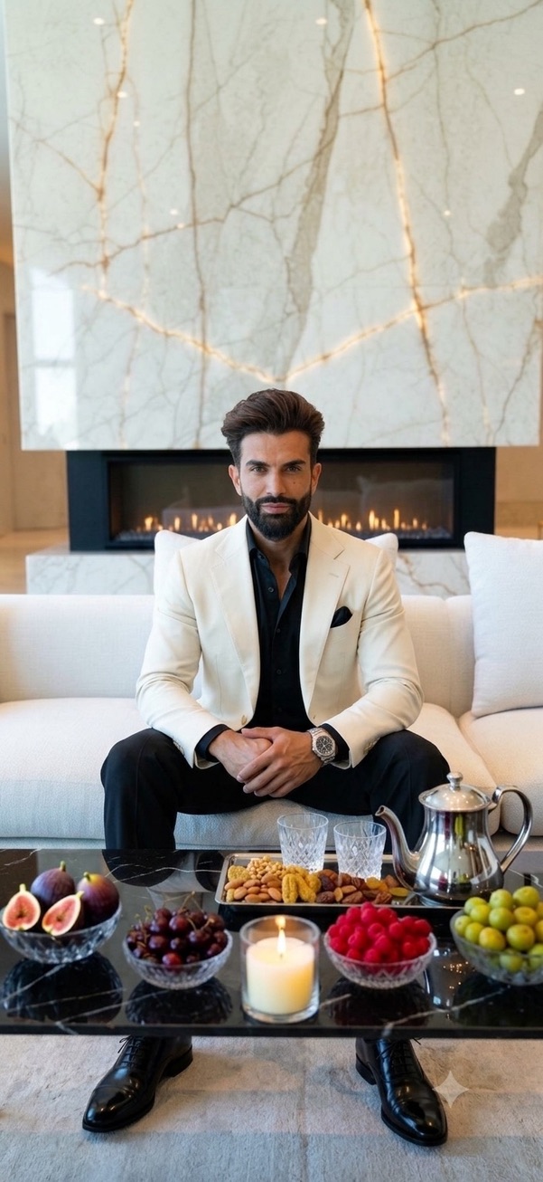 Andy Azadzoi in a formal portrait beside a modern fireplace