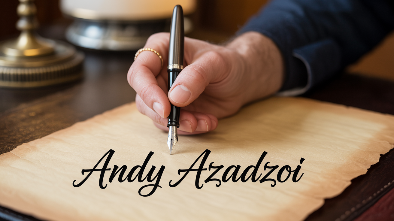 Andy Azadzoi signature logo being written on parchment