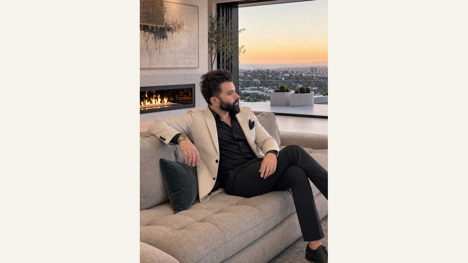 Andy Azadzoi’s sunset portrait in a wide ivory frame.